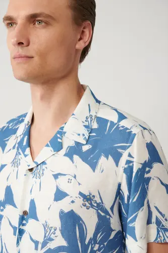 Men's Blue Shirt Spread Collar Viscose Linen Blend Patterned Regular Fit A41y2145 - 3