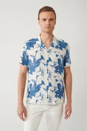 Men's Blue Shirt Spread Collar Viscose Linen Blend Patterned Regular Fit A41y2145 - 4