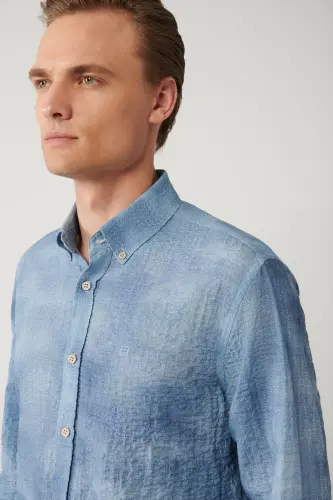 Men's Blue Shirt with British Collar, Cotton Waffle, Regular Fit A41y2157 - AVVA (1)