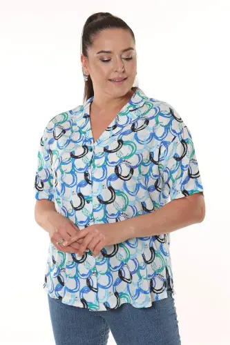 Men's Blue Short Sleeve Shirt with Geometric Pattern - 3