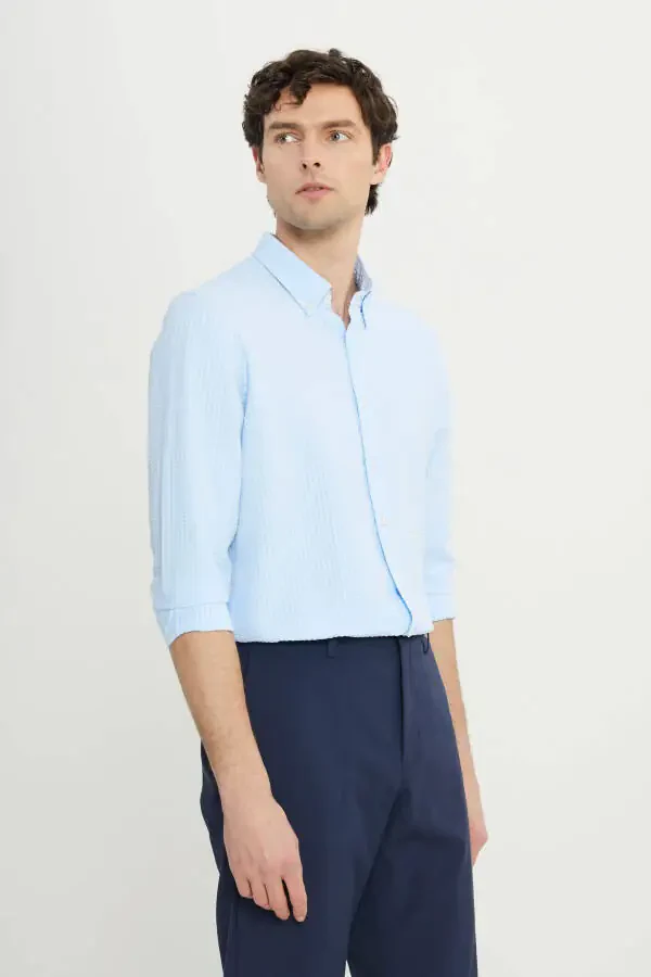 Men's Blue Slim Fit Narrow Cut Buttoned Collar Textured - 1