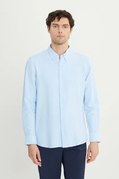 Men's Blue Slim Fit Narrow Cut Buttoned Collar Textured - 3