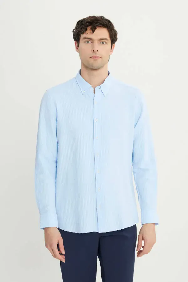 Men's Blue Slim Fit Narrow Cut Buttoned Collar Textured - 3