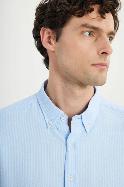 Men's Blue Slim Fit Narrow Cut Buttoned Collar Textured - 4