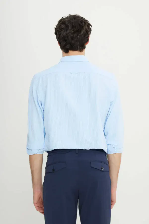 Men's Blue Slim Fit Narrow Cut Buttoned Collar Textured - 5