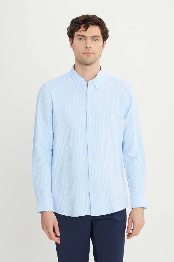 Men's Blue Slim Fit Narrow Cut Buttoned Collar Textured - 3