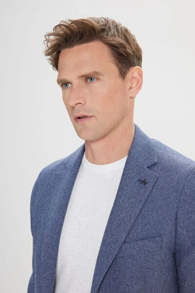 Men's Blue Slim Fit Narrow Cut Patterned Blazer Jacket with a Single-Breasted Collar - 6