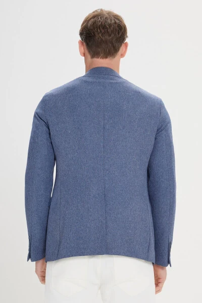 Men's Blue Slim Fit Narrow Cut Patterned Blazer Jacket with a Single-Breasted Collar - 7