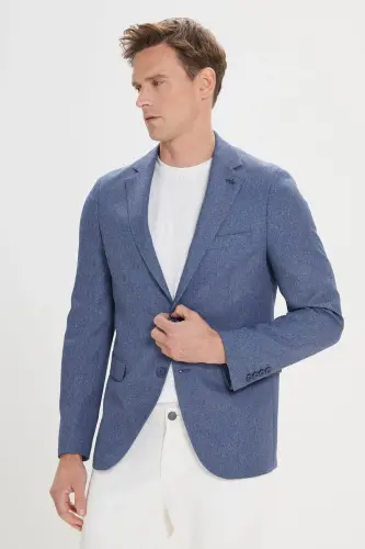 Men's Blue Slim Fit Narrow Cut Patterned Blazer Jacket with a Single-Breasted Collar 