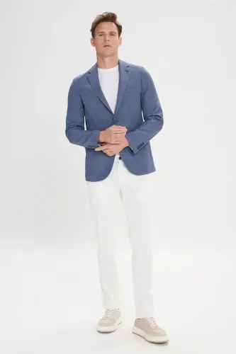 Men's Blue Slim Fit Narrow Cut Patterned Blazer Jacket with a Single-Breasted Collar - 2