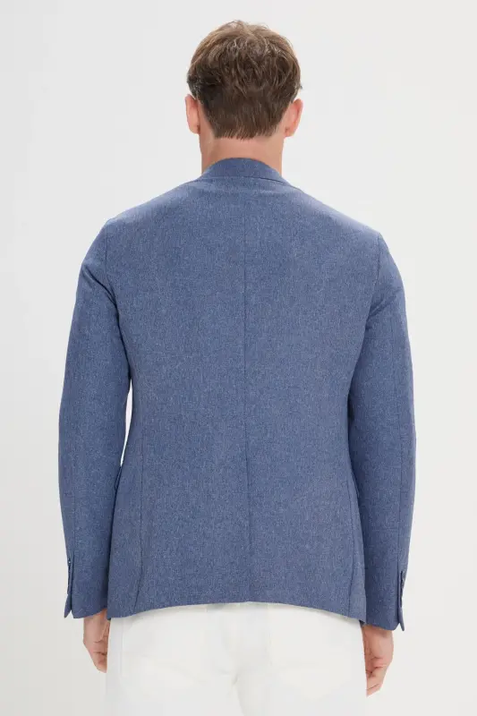 Men's Blue Slim Fit Narrow Cut Patterned Blazer Jacket with a Single-Breasted Collar - 5