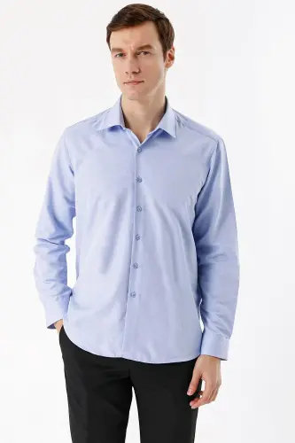 Men's Blue Slim Fit Narrow Cut Plain Stiff Collar Long Sleeve Shirt - 1