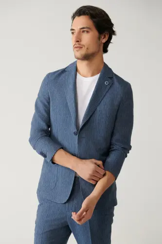 Men's Blue Unlined Linen Touch Suit Jacket A41y4060-Blue - 1