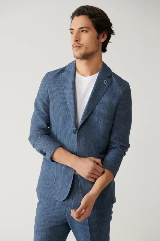 Men's Blue Unlined Linen Touch Suit Jacket A41y4060-Blue - AVVA