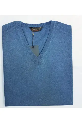 Men's Blue V-Neck Sweater-Aviator Blue - ÇUKUROVA TRİKO (1)