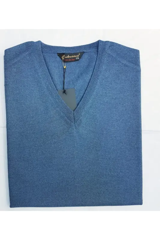 Men's Blue V-Neck Sweater-Aviator Blue - 2