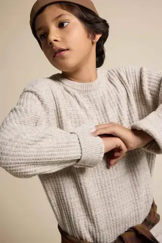 Men's Boy Gray Crew Neck Basic Plain Knitted Sweater C9468A824AU-Beige - 1