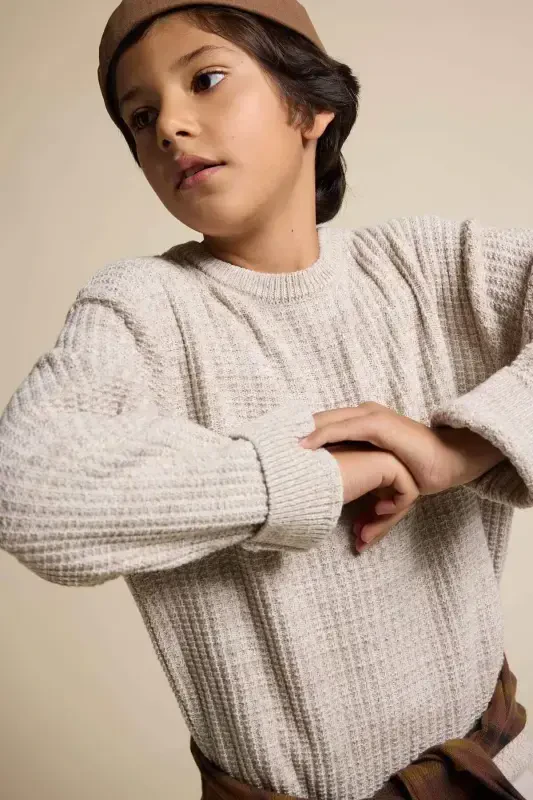 Men's Boy Gray Crew Neck Basic Plain Knitted Sweater C9468A824AU-Beige - 1