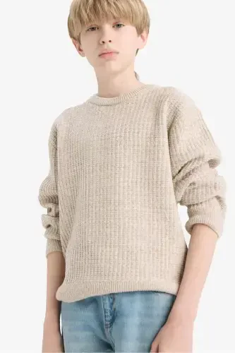 Men's Boy Gray Crew Neck Basic Plain Knitted Sweater C9468A824AU-Beige - DEFACTO (1)