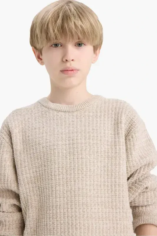 Men's Boy Gray Crew Neck Basic Plain Knitted Sweater C9468A824AU-Beige - 3