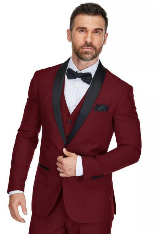 Men's Braveman 3-Piece Slim Fit Shawl Lapel Tuxedo-Burgundy - 2