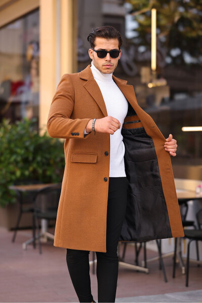 Men's Brick Red Slim Fit Long Wool Blend Overcoat - 7