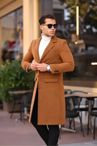 Men's Brick Red Slim Fit Long Wool Blend Overcoat - 4