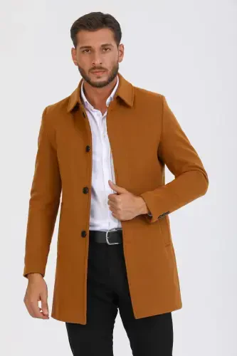 Men's Brick Slim Fit Wool Blend Pea Coat Shirt Collar Overcoat - BRICK - 1