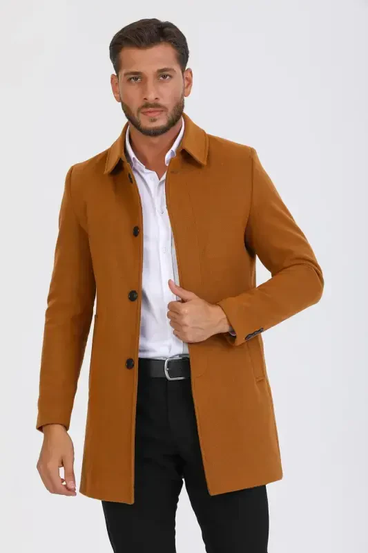 Men's Brick Slim Fit Wool Blend Pea Coat Shirt Collar Overcoat - BRICK - 1