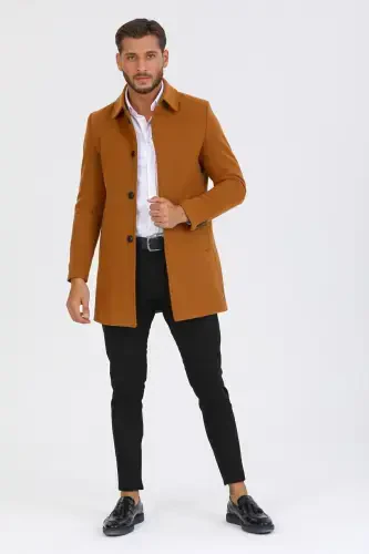 Men's Brick Slim Fit Wool Blend Pea Coat Shirt Collar Overcoat - BRICK - 2