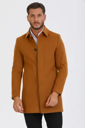 Men's Brick Slim Fit Wool Blend Pea Coat Shirt Collar Overcoat - BRICK - 3