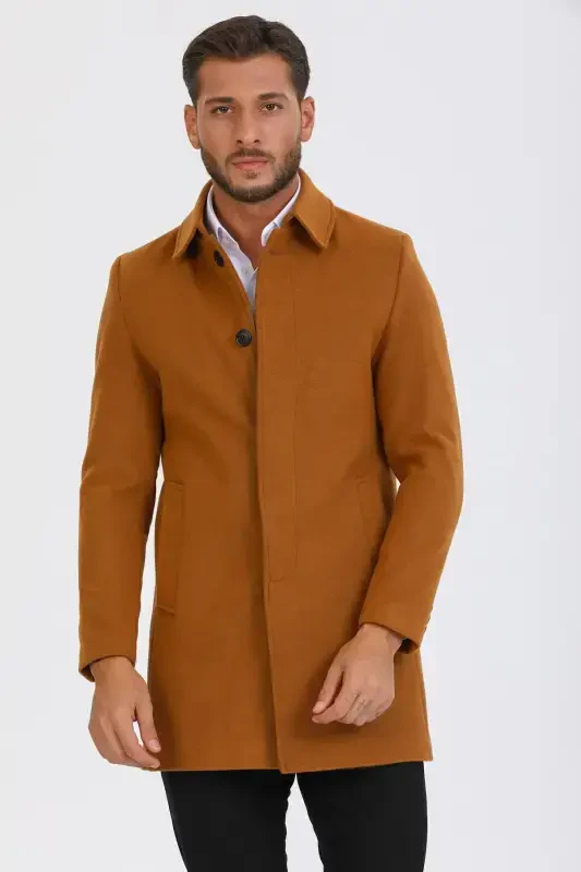 Men's Brick Slim Fit Wool Blend Pea Coat Shirt Collar Overcoat - BRICK - 3