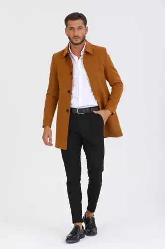 Men's Brick Slim Fit Wool Blend Pea Coat Shirt Collar Overcoat - BRICK - 4