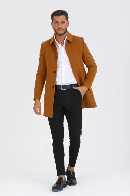 Men's Brick Slim Fit Wool Blend Pea Coat Shirt Collar Overcoat - BRICK - 4