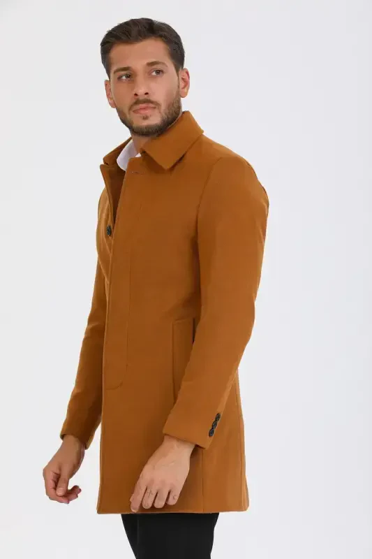 Men's Brick Slim Fit Wool Blend Pea Coat Shirt Collar Overcoat - BRICK - 5