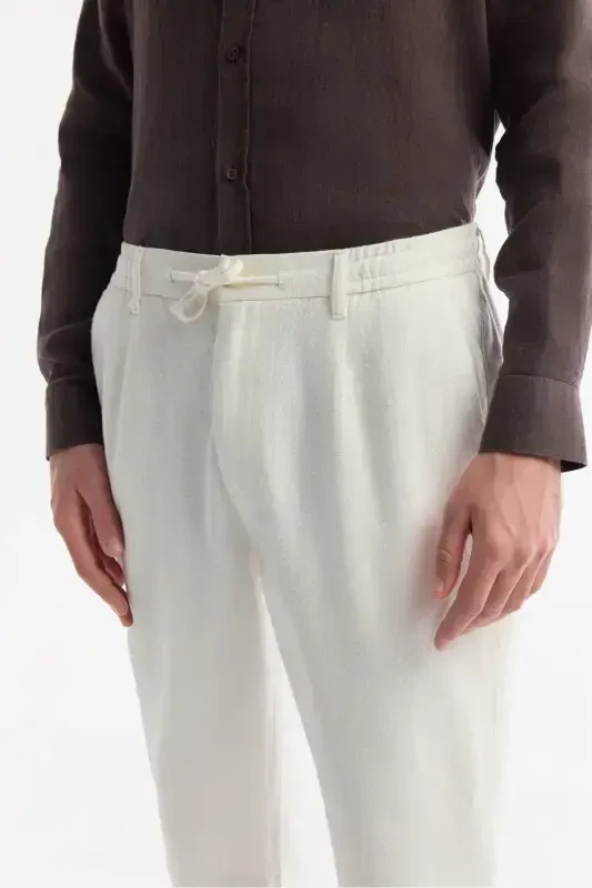 Men's Broken White Coricos Chino Pants Elastic Waistband Drawstring Linen Cotton Textured RelaxedFitB003036 - 4