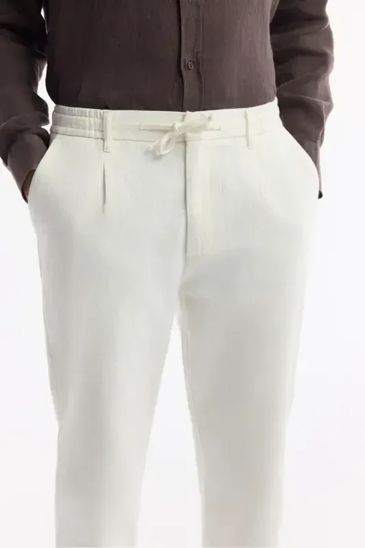 Men's Broken White Coricos Chino Pants Elastic Waistband Drawstring Linen Cotton Textured RelaxedFitB003036 - 5