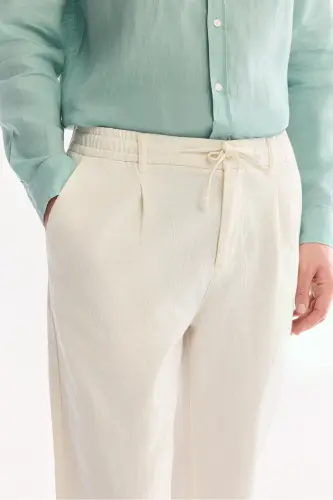 Men's Broken White Coricos Chino Pants Elastic Waistband Drawstring Linen Cotton Textured RelaxedFitB003036 - 2