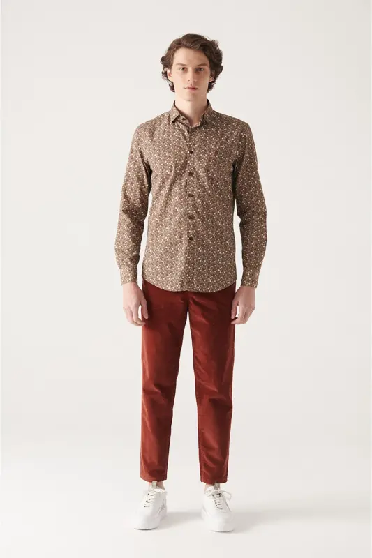 Men's Brown Abstract Pattern 100% Cotton Slim Fit Skinny Fit Shirt A22y2003 - 5