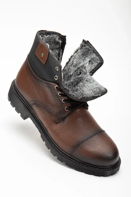 Men's Brown Comfortable Faux Fur Lined Cold and Waterproof Guaranteed Rubber Non-Slip Sole Casual Boots - Brown - SANVIO TARZKAR