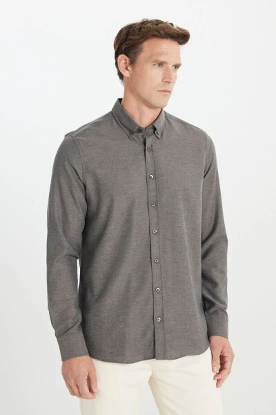 Men's Brown Cotton Flannel Slim Fit Narrow Cut Button-Down Collar Shirt - ALTINYILDIZ CLASSICS