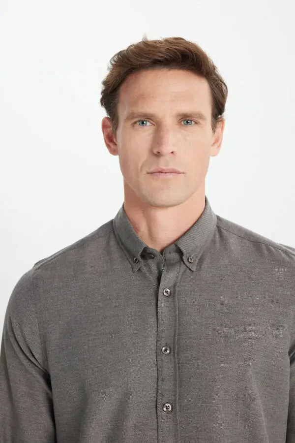 Men's Brown Cotton Flannel Slim Fit Narrow Cut Button-Down Collar Shirt - 4