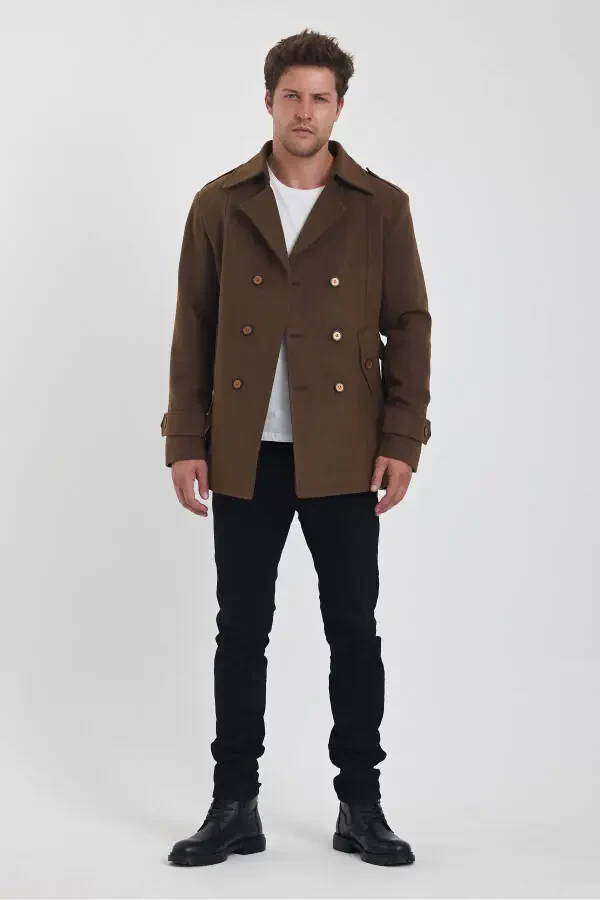 Men's brown double-breasted slim fit cashmere coat - 9