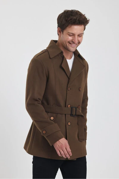 Men's brown double-breasted slim fit cashmere coat - 11