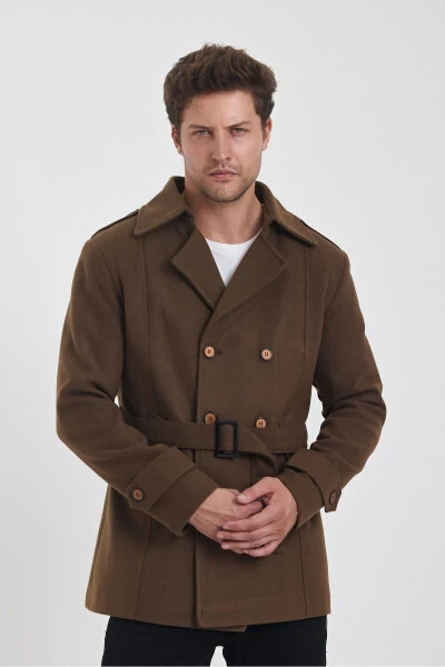 Men's brown double-breasted slim fit cashmere coat - 12