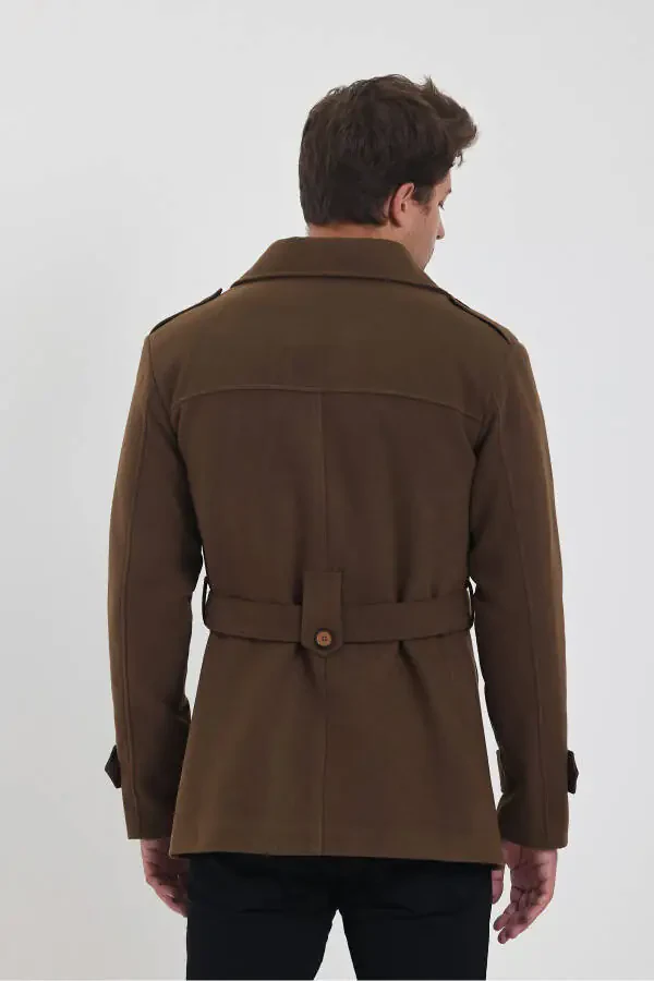 Men's brown double-breasted slim fit cashmere coat - 13