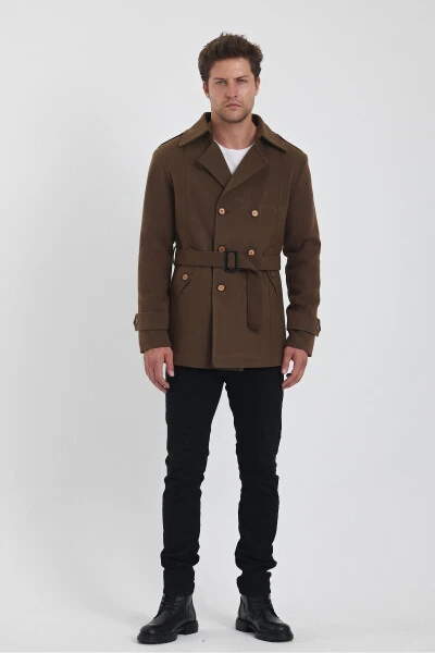 Men's brown double-breasted slim fit cashmere coat - TREND KOMBİN