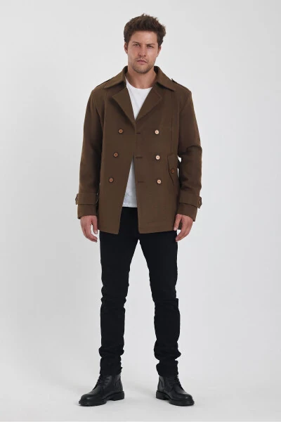 Men's brown double-breasted slim fit cashmere coat - TREND KOMBİN (1)