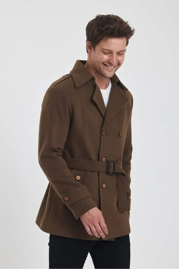 Men's brown double-breasted slim fit cashmere coat - 4