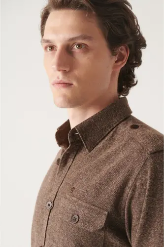 Men's Brown Epaulet Detail 100% Cotton Regular Fit Shirt A22y2024 - AVVA (1)